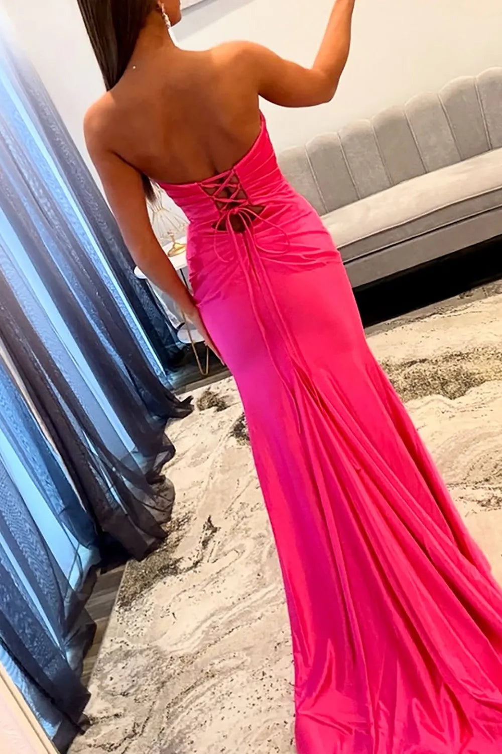 Fuchsia Sweetheart Satin Ruched Mermaid Long Prom Dress with Slit