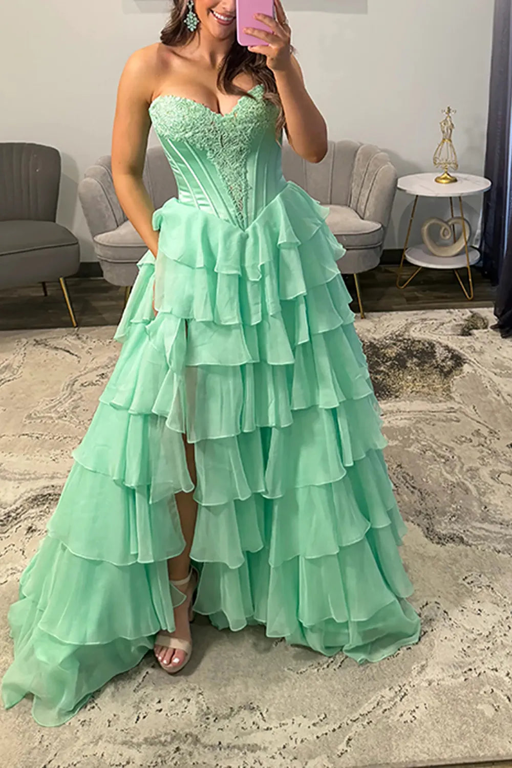 Mint Green Sweetheart Chiffon Tiered A-Line Long Prom Dress with Slit