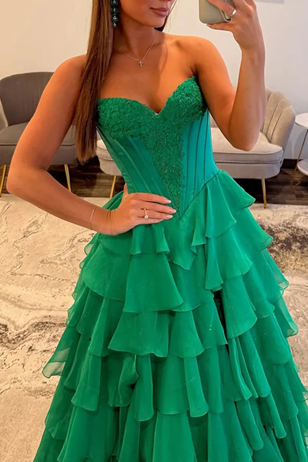 Mint Green Sweetheart Chiffon Tiered A-Line Long Prom Dress with Slit