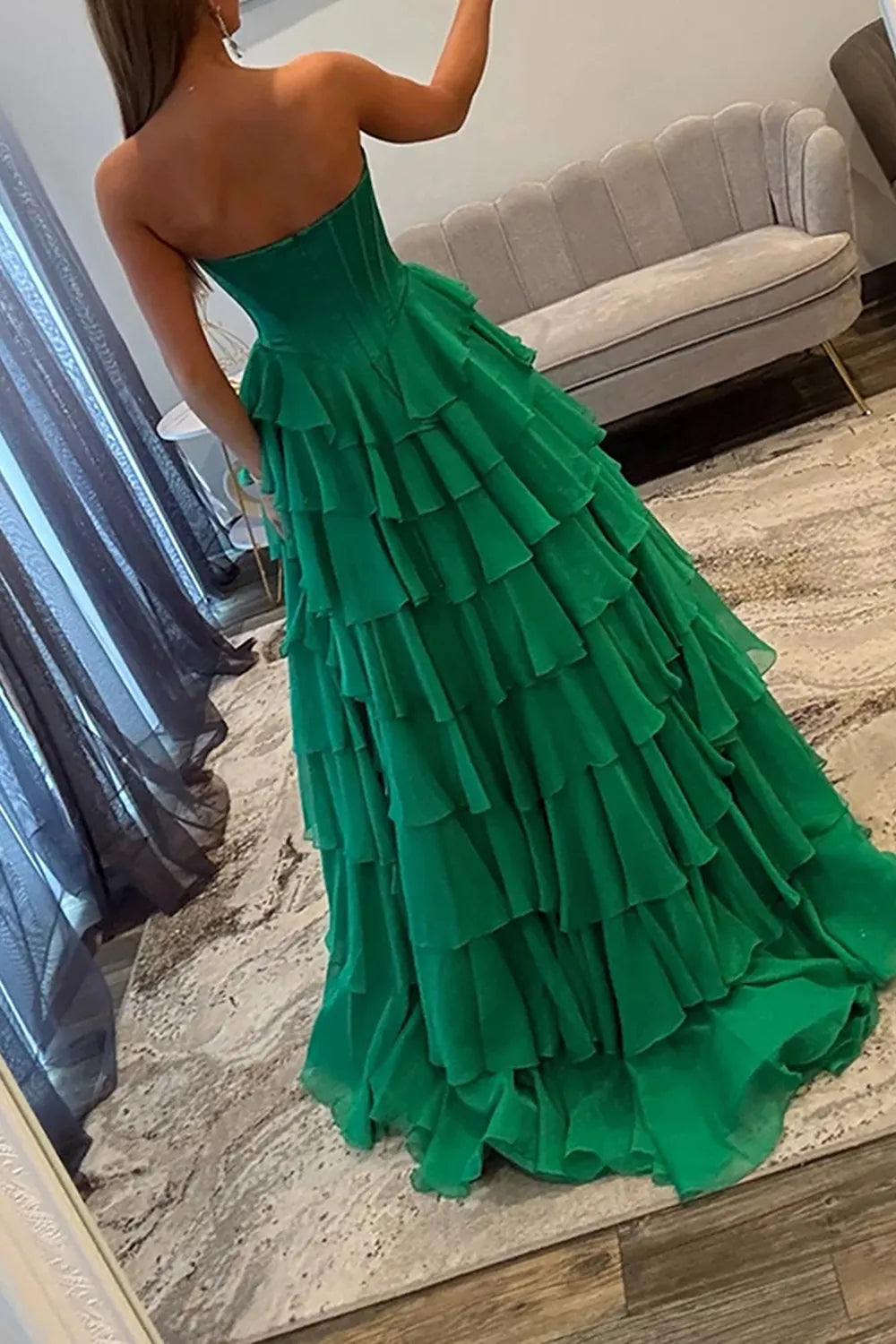 Mint Green Sweetheart Chiffon Tiered A-Line Long Prom Dress with Slit