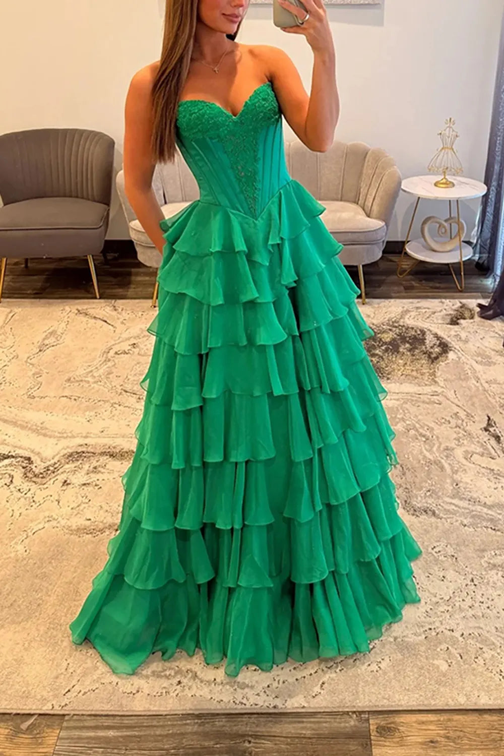 Mint Green Sweetheart Chiffon Tiered A-Line Long Prom Dress with Slit