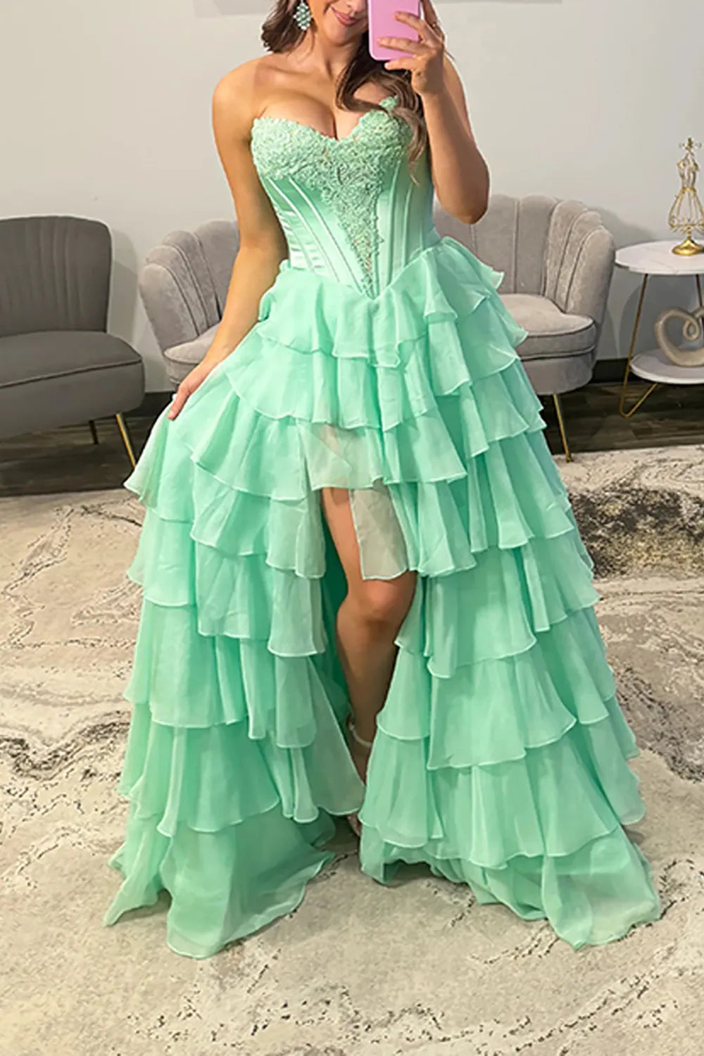 Mint Green Sweetheart Chiffon Tiered A-Line Long Prom Dress with Slit