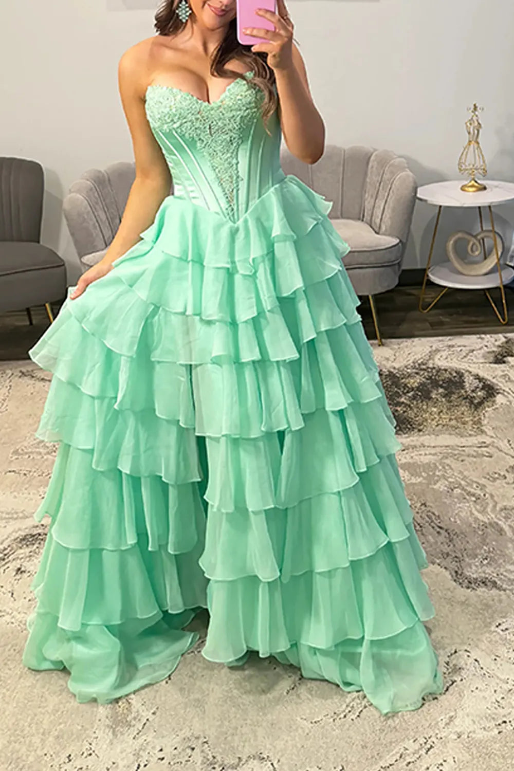 Mint Green Sweetheart Chiffon Tiered A-Line Long Prom Dress with Slit