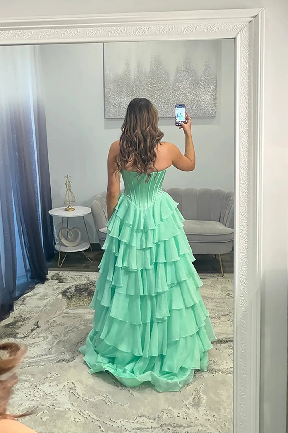 Mint Green Sweetheart Chiffon Tiered A-Line Long Prom Dress with Slit