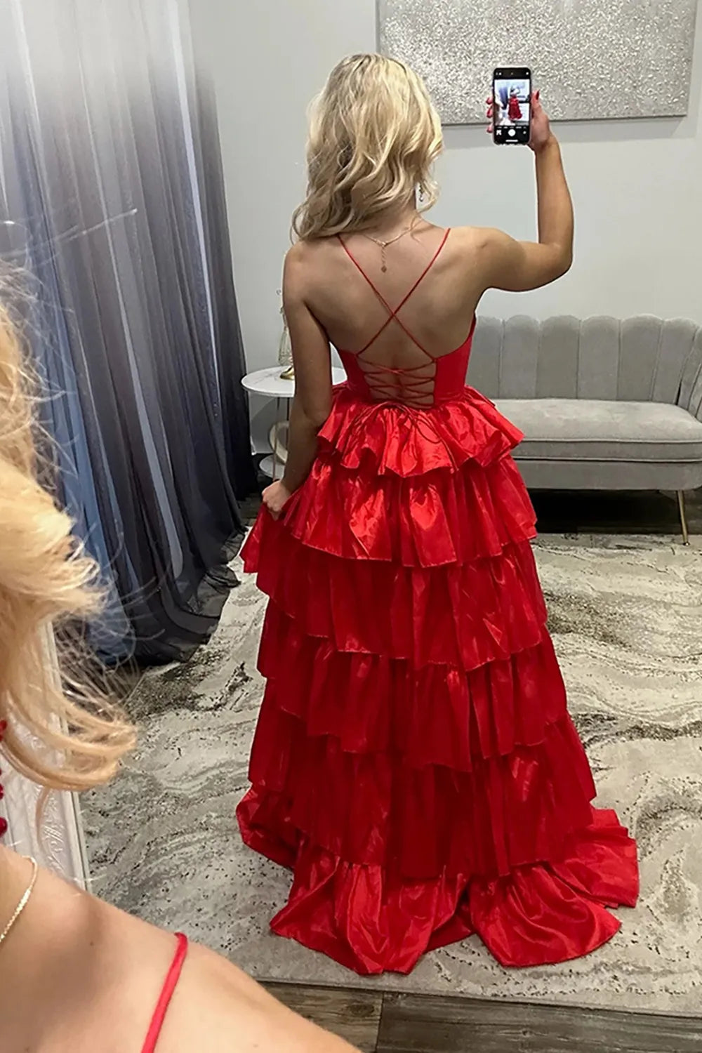Red Spaghetti Straps Tiered A-Line Long Prom Dress with Slit