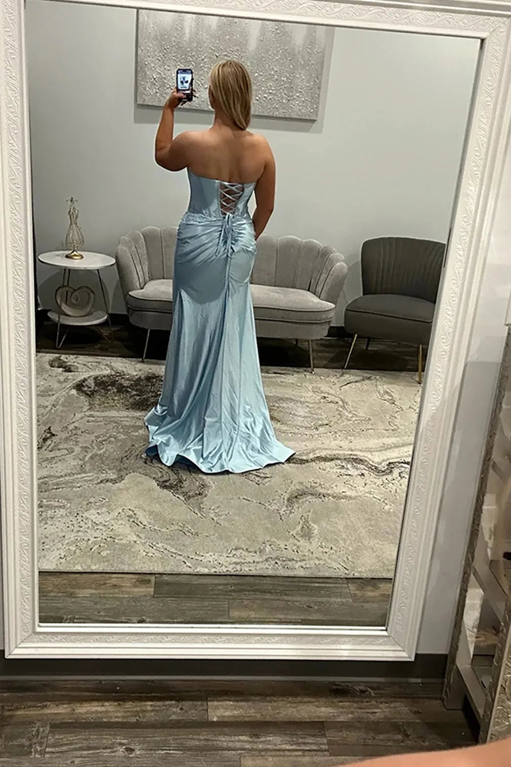 Light Blue Sweetheart Satin Mermaid Long Prom Dress with Appliques