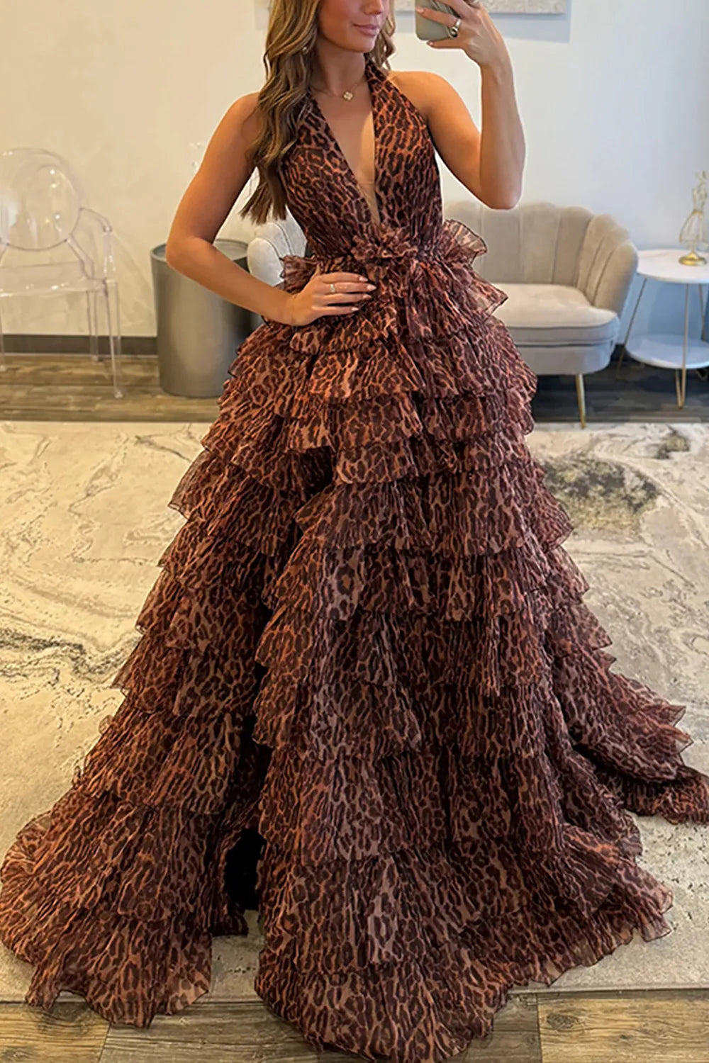 Brown Leopard Halter Ball Gown Tiered Long Prom Dress with Slit
