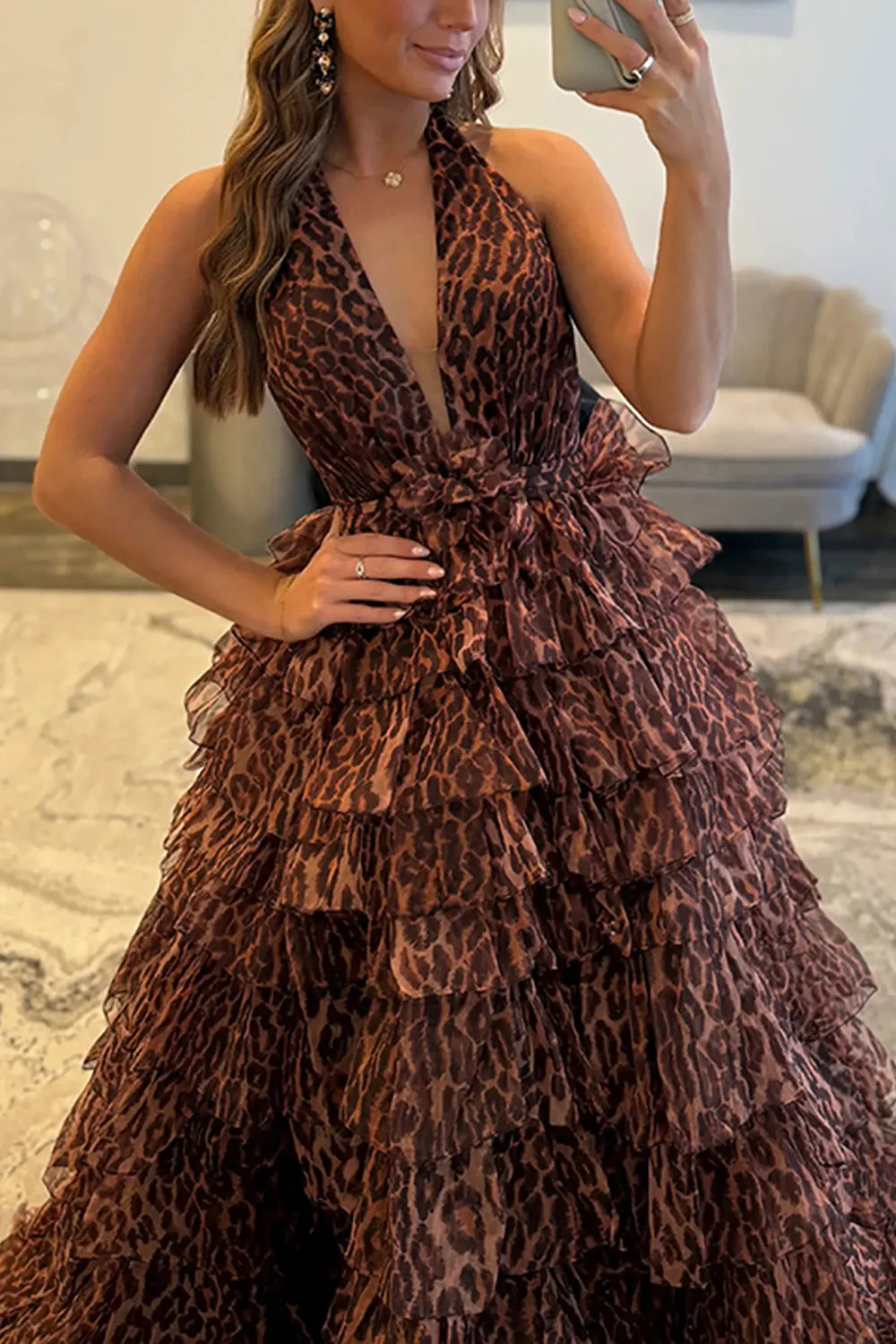 Brown Leopard Halter Ball Gown Tiered Long Prom Dress with Slit