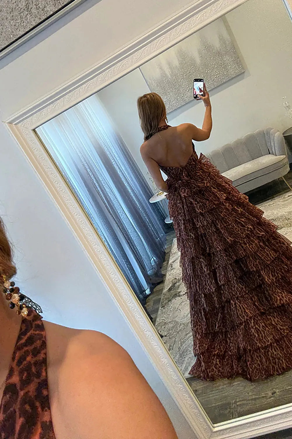 Brown Leopard Halter Ball Gown Tiered Long Prom Dress with Slit