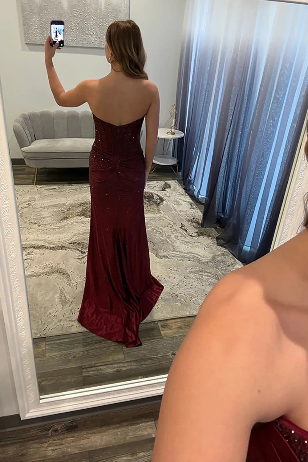 Sparkly Burgundy Sweetheart Beaded Mermaid Long Prom Dress with Slit
