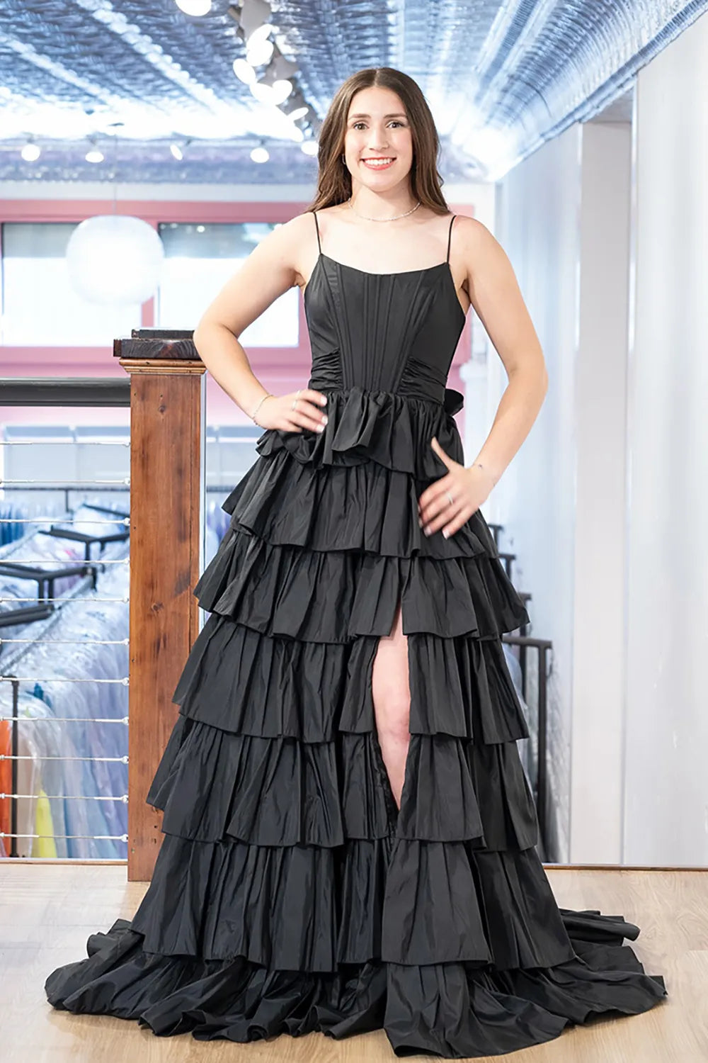 Pink Spaghetti Straps A-Line Satin Tiered Long Prom Dress with Slit