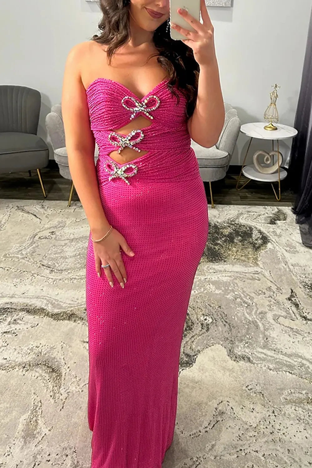 Sparkly Fuchsia Sweetheart Beaded Cut-out Mermaid Long Prom Dress