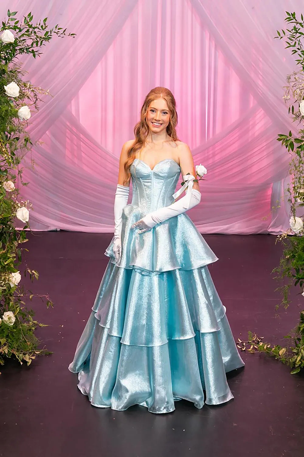 Light Blue Sweetheart Satin Tiered Long Corset Prom Dress