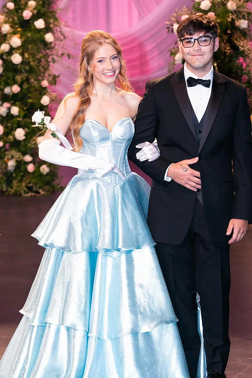 Light Blue Sweetheart Satin Tiered Long Corset Prom Dress