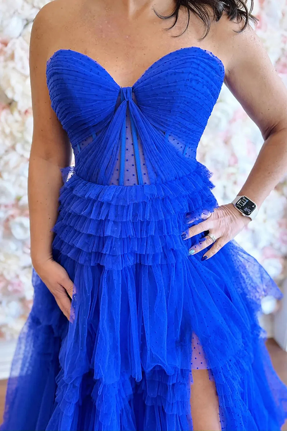 Royal Blue Sweetheart Tulle Tiered Long Corset Prom Dress with Slit