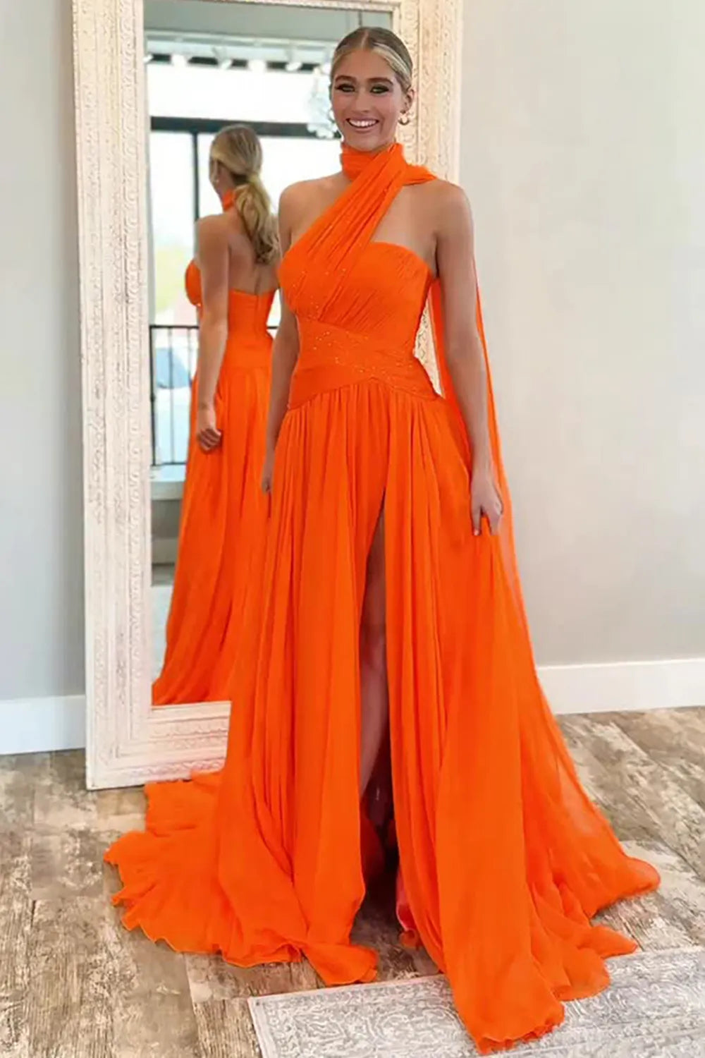 Orange Neck Scarf A-Line  Chiffon Long Prom Dress with Slit