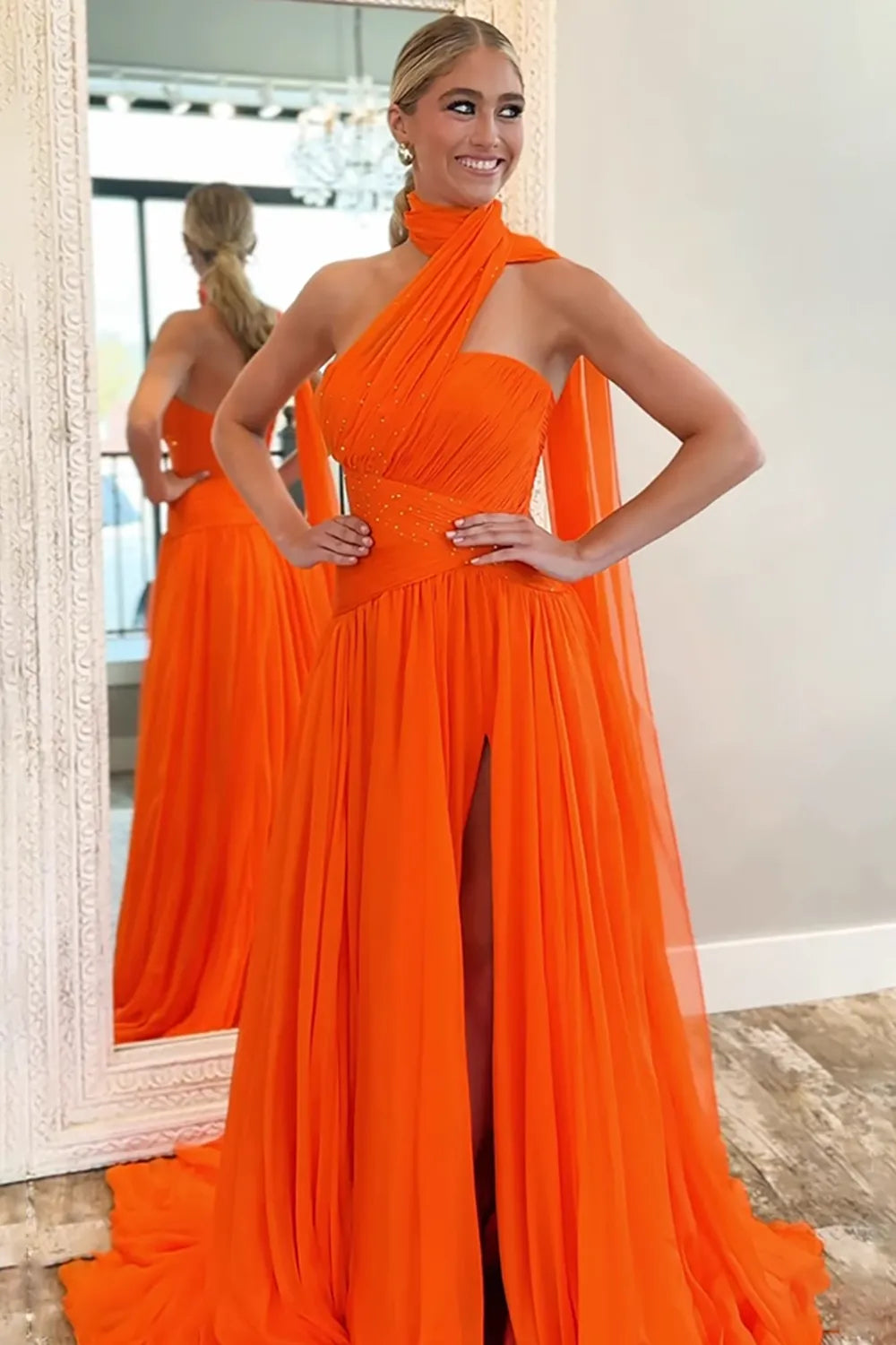 Orange Neck Scarf A-Line  Chiffon Long Prom Dress with Slit