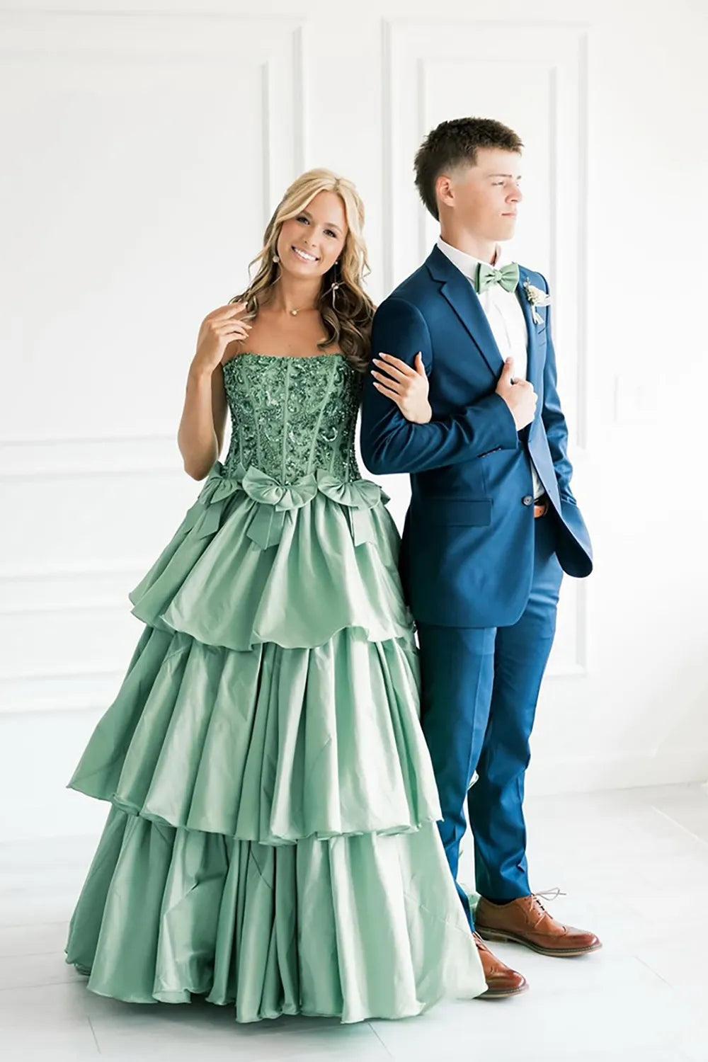 Sage Strapless Ball Gown Tiered Long Corset Prom Dress with Bows