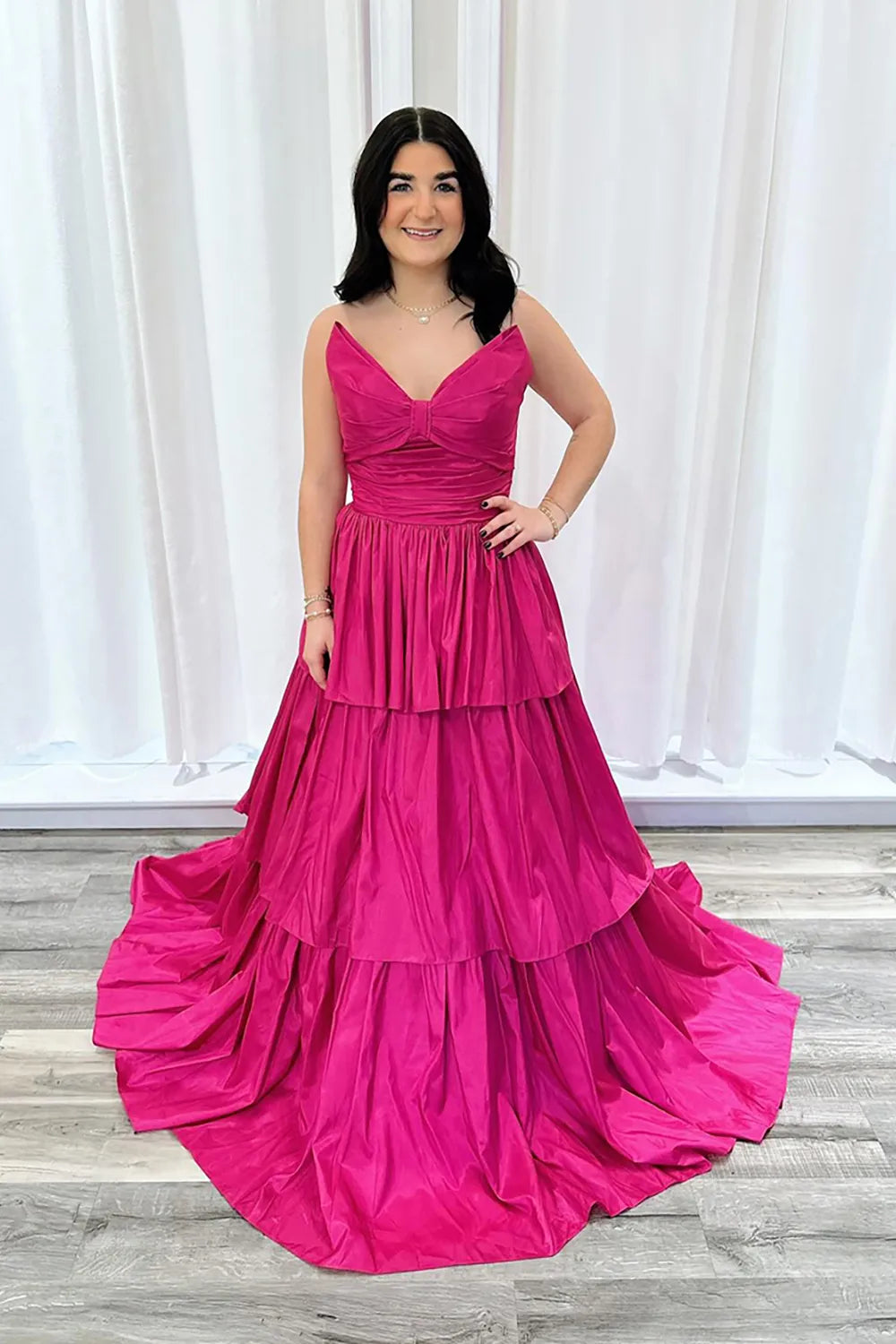 Fuchsia Sweetheart Satin Tiered Long Prom Dress with Bow