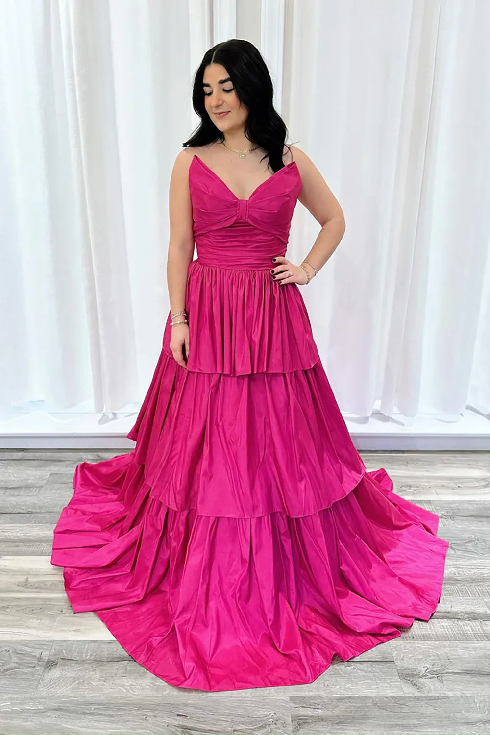 Fuchsia Sweetheart Satin Tiered Long Prom Dress with Bow