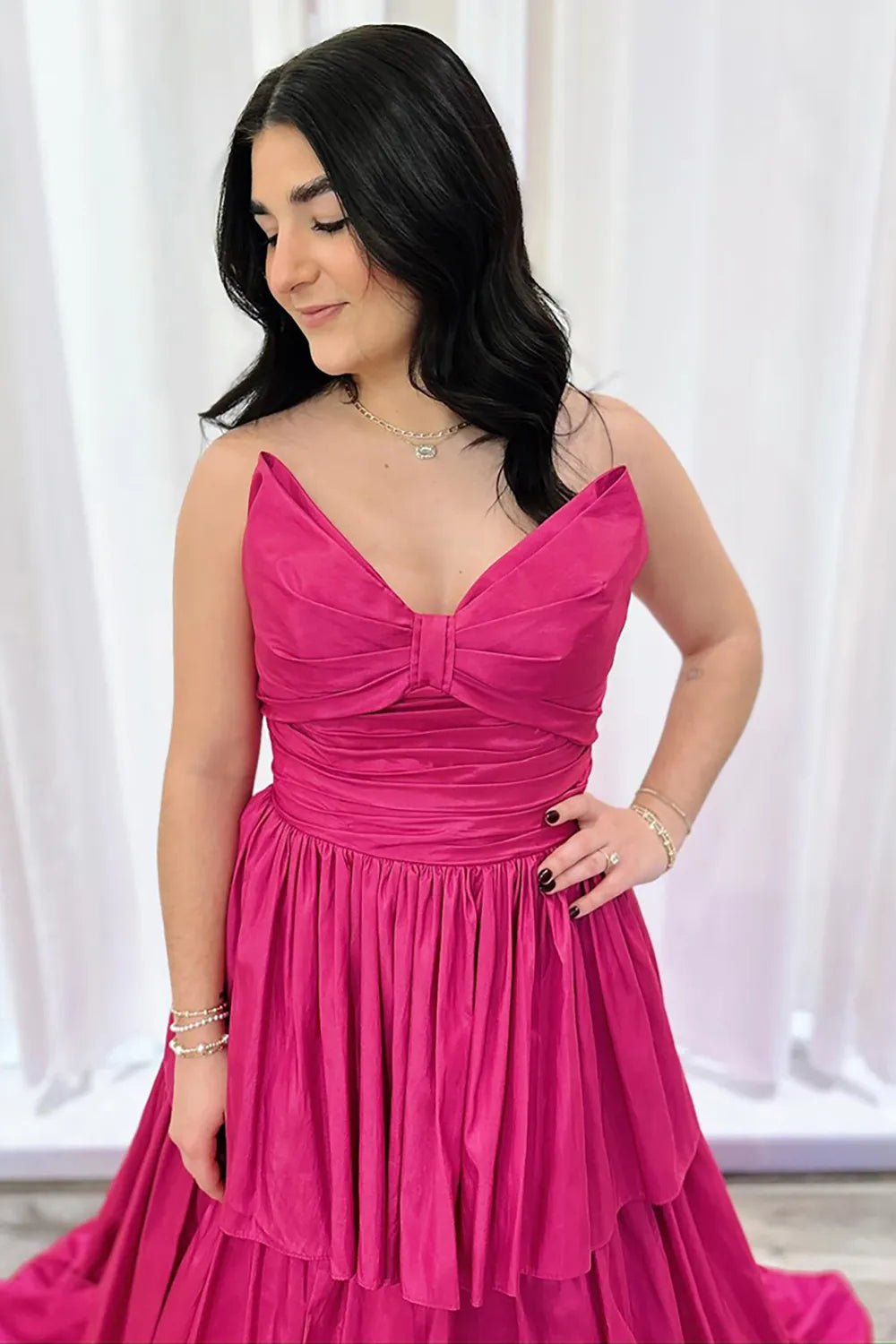 Fuchsia Sweetheart Satin Tiered Long Prom Dress with Bow