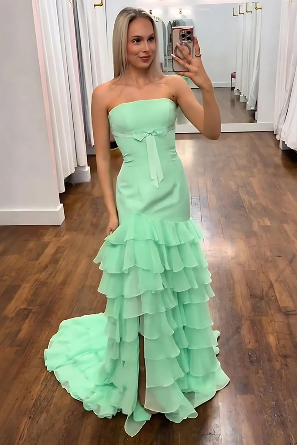 Green Strapless Chiffon Tiered Mermaid Long Prom Dress with Bow