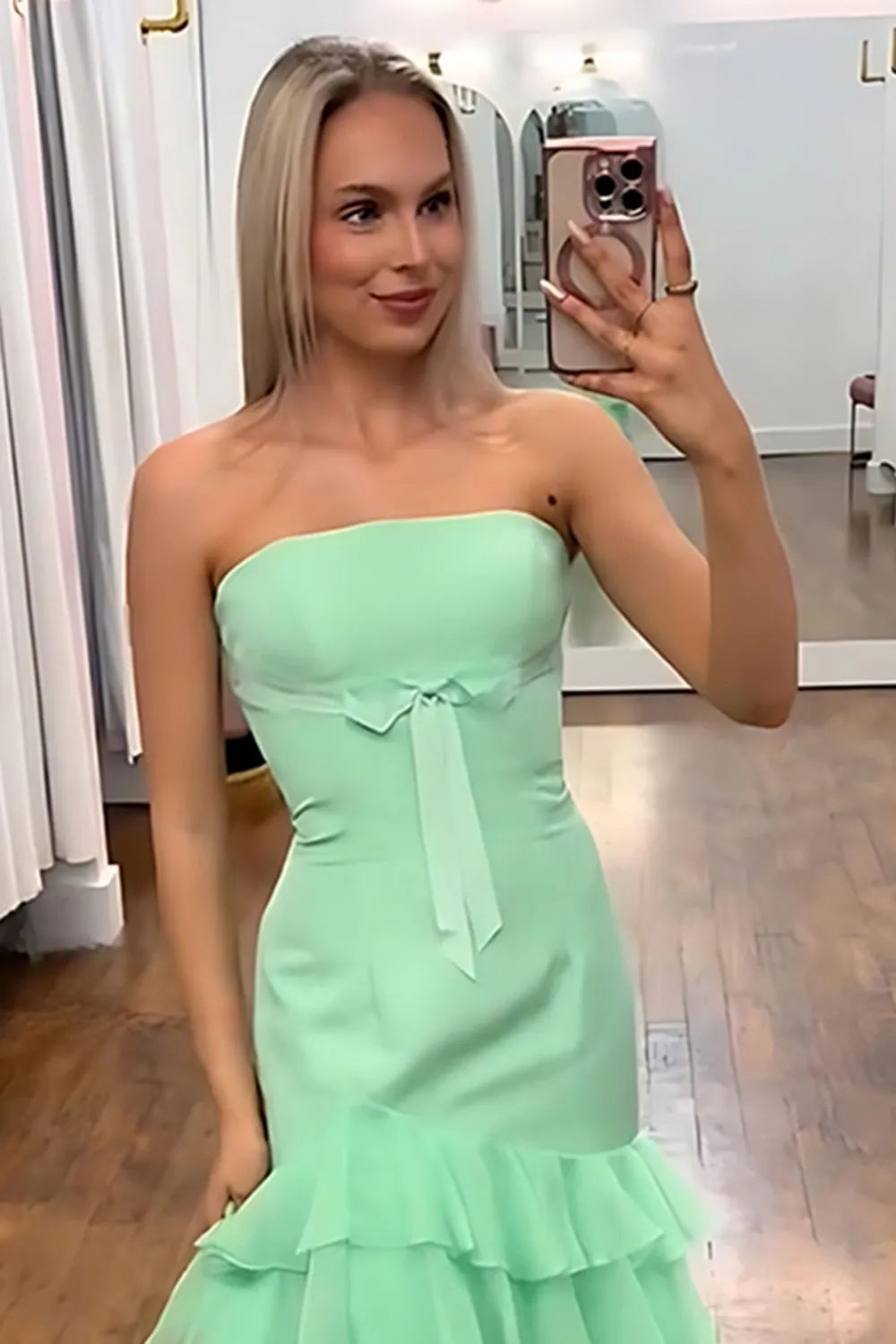 Green Strapless Chiffon Tiered Mermaid Long Prom Dress with Bow