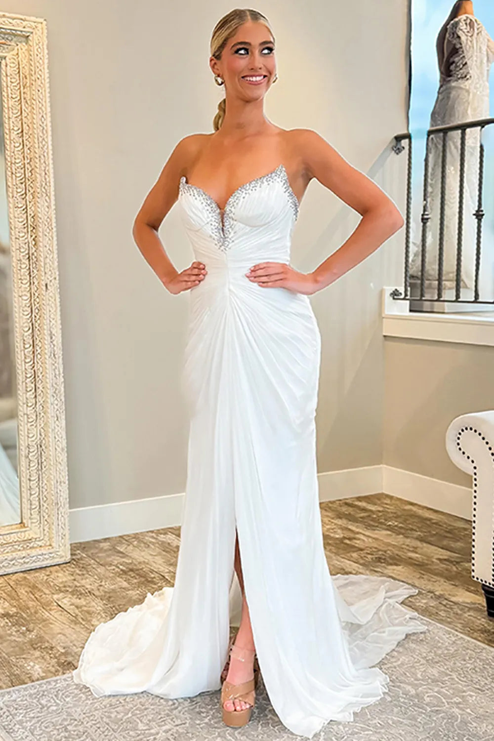 White Sweetheart Chiffon Mermaid Long Prom Dress with Beading