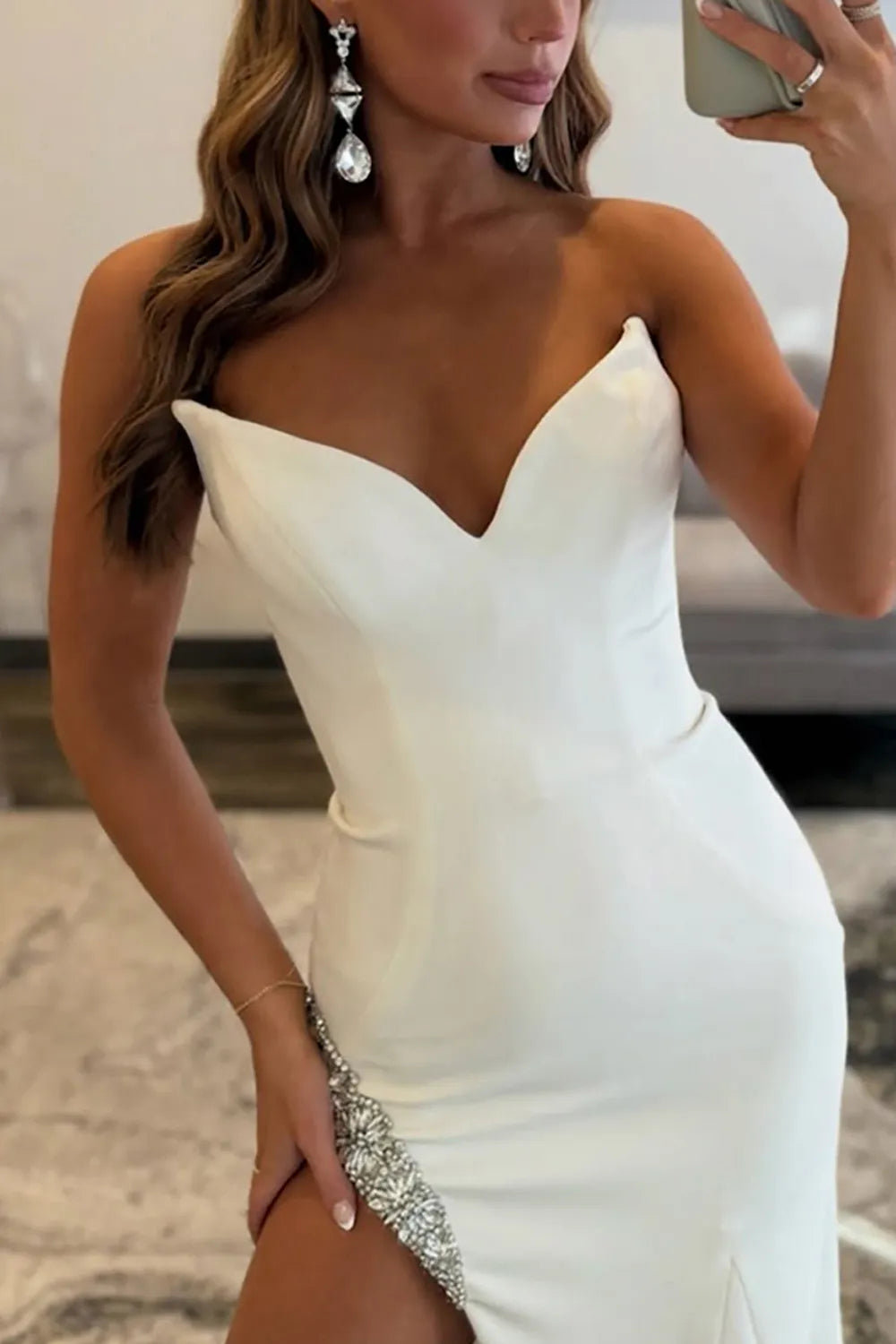 White Sweetheart Satin Mermaid Long Prom Dress with Slit
