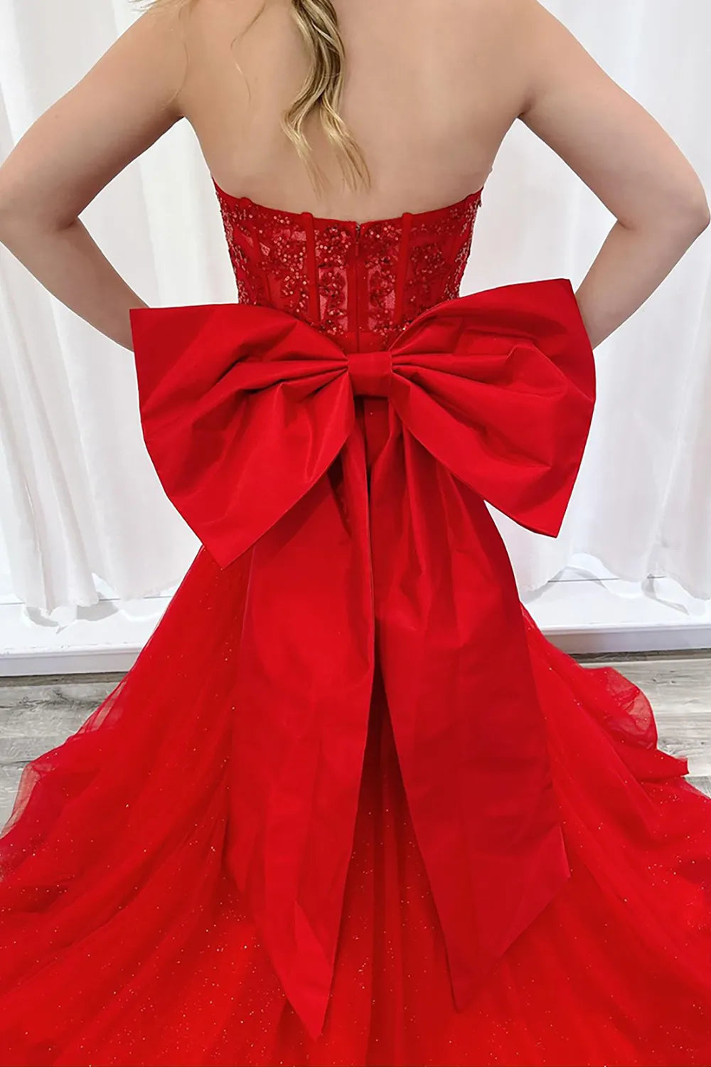 Sparkly Red Sweetheart Sequin Tulle Mermaid Long Prom Dress with Bow