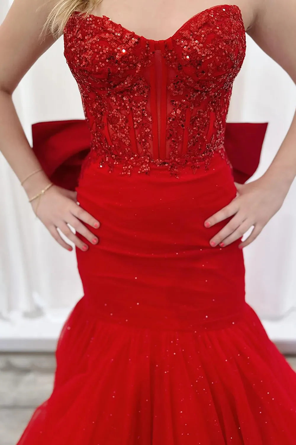 Sparkly Red Sweetheart Sequin Tulle Mermaid Long Prom Dress with Bow