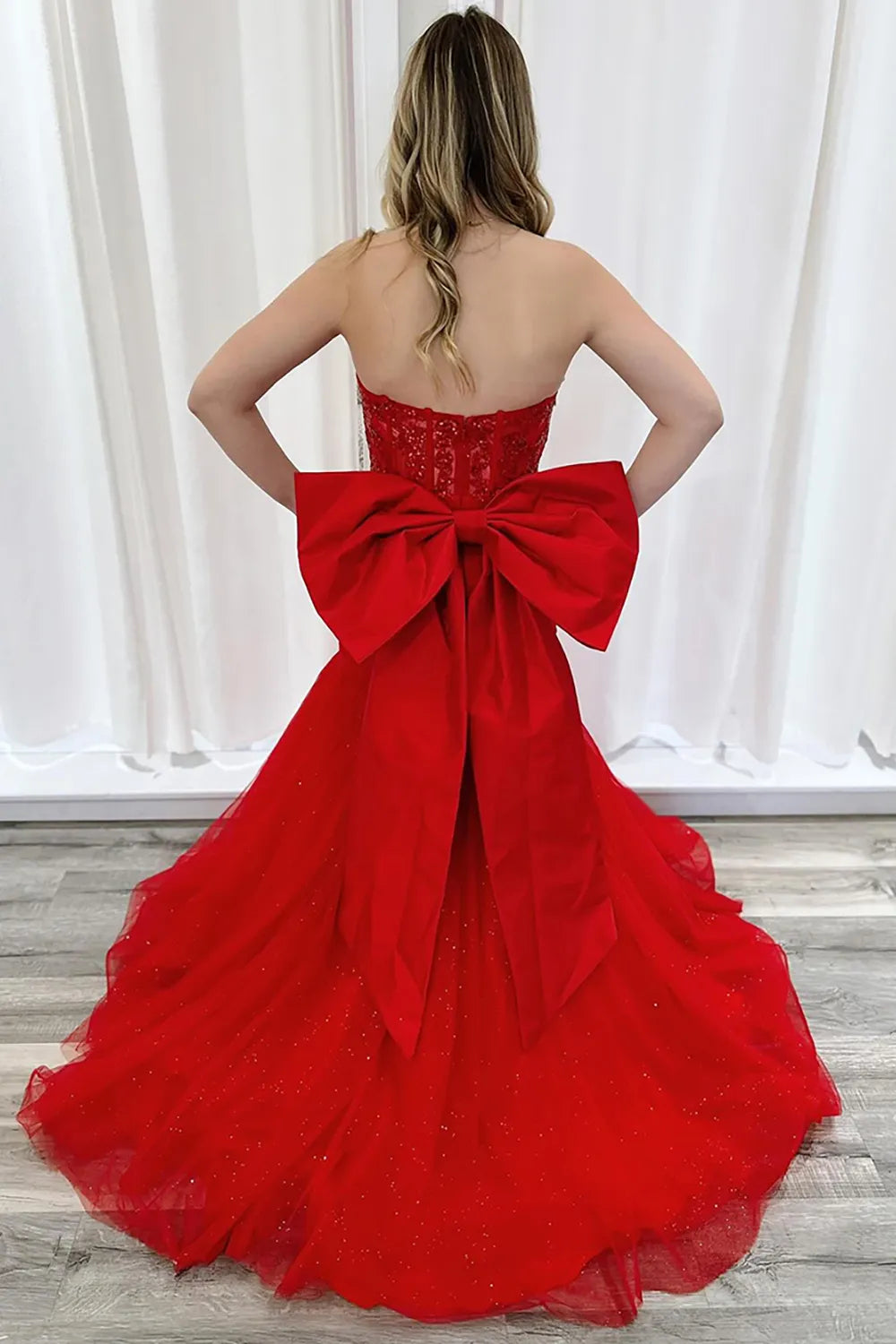 Sparkly Red Sweetheart Sequin Tulle Mermaid Long Prom Dress with Bow