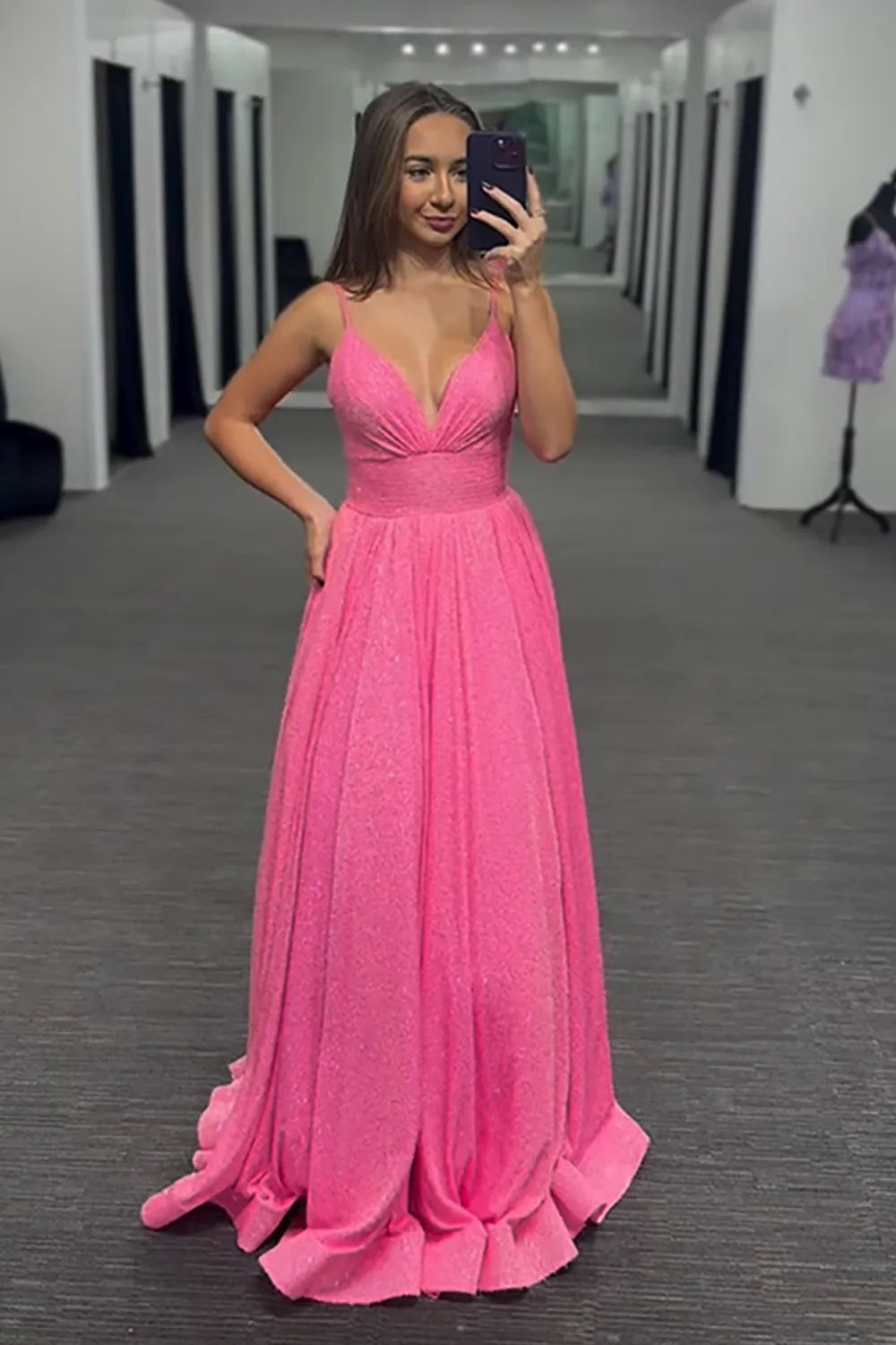 Sparkly Pink Spaghetti Straps Sequin A-Line Long Prom Dress