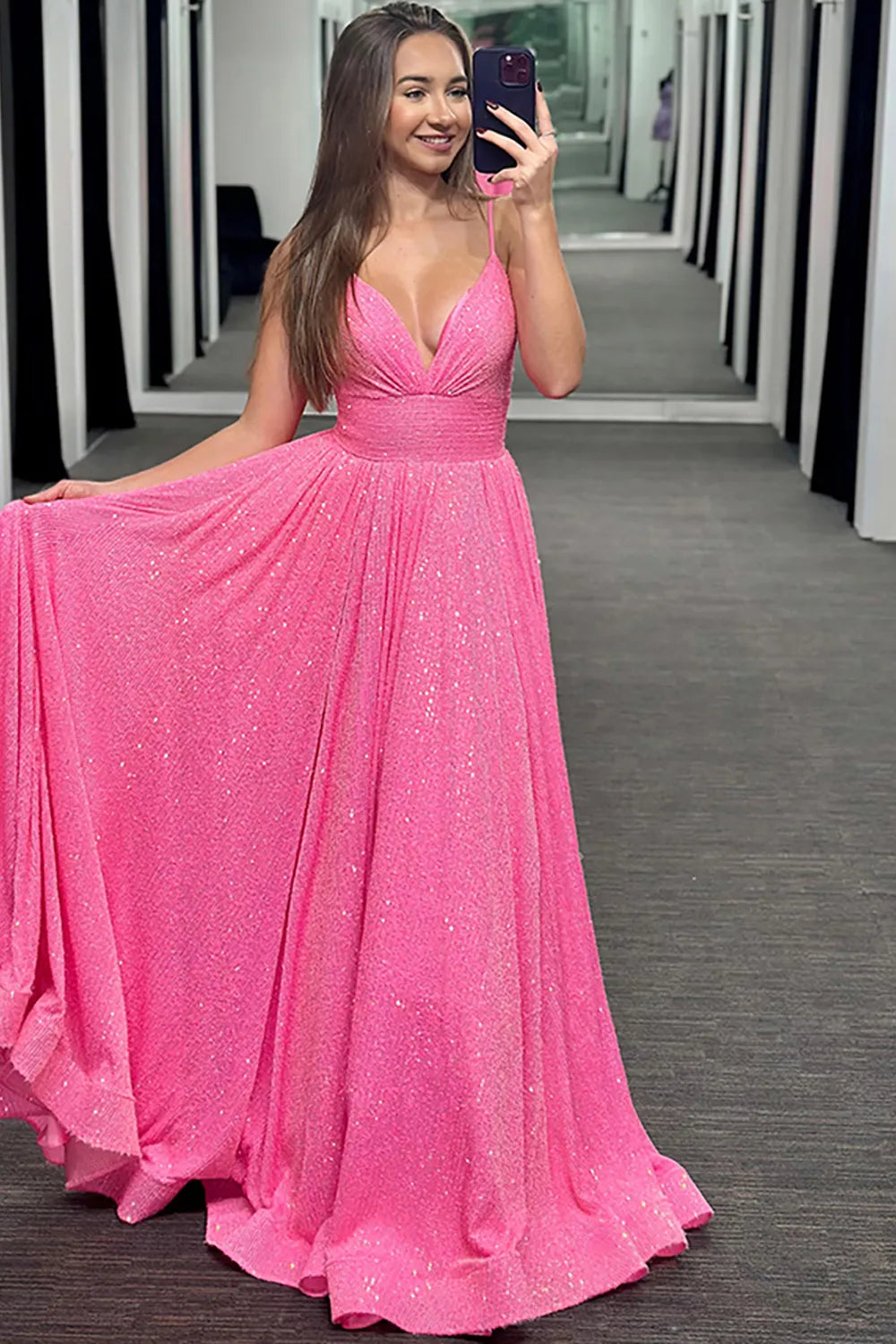 Sparkly Pink Spaghetti Straps Sequin A-Line Long Prom Dress