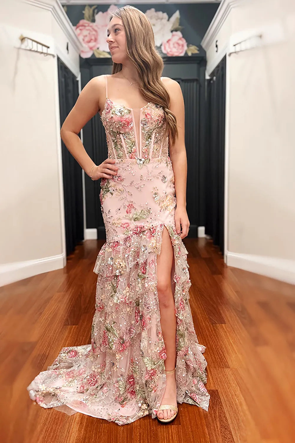 Sparkly Pink Spaghetti Straps Mermaid Tiered Long Prom Dress with Beading