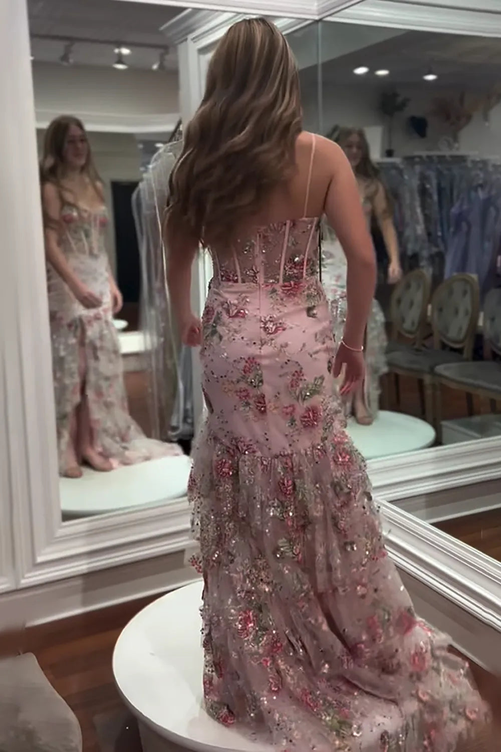 Sparkly Pink Spaghetti Straps Mermaid Tiered Long Prom Dress with Beading