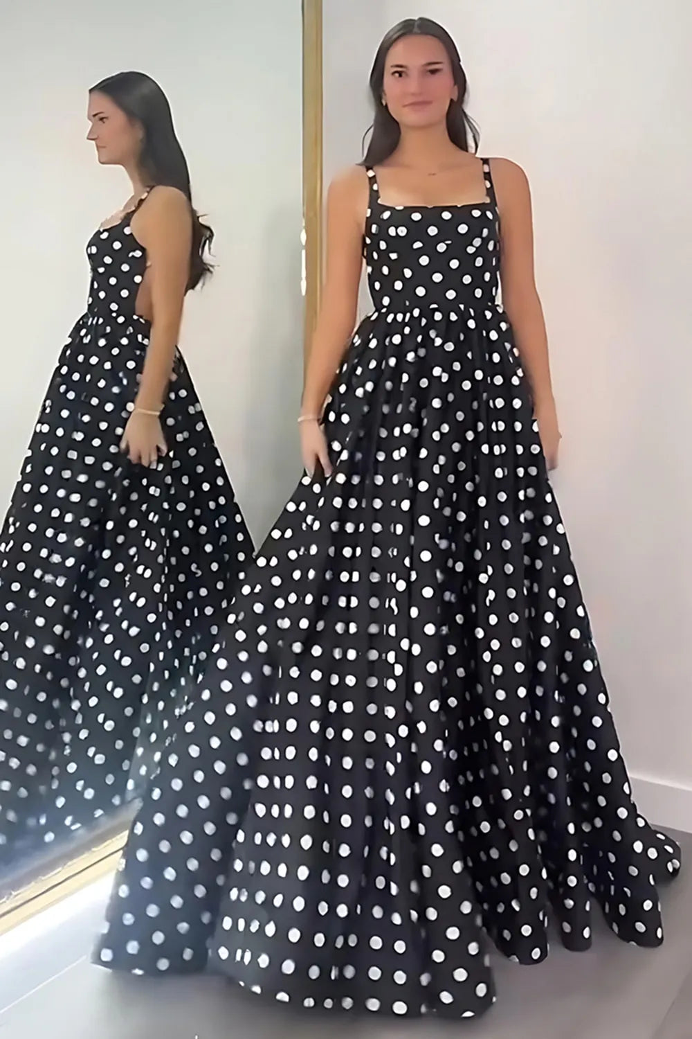Black Square Neck Polk Dots A-Line Long Prom Dress