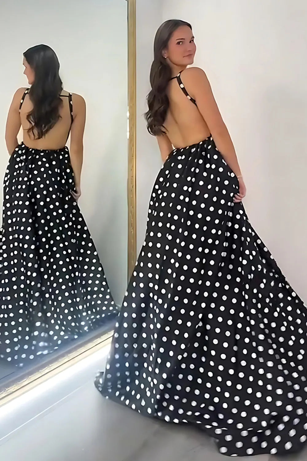 Black Square Neck Polk Dots A-Line Long Prom Dress
