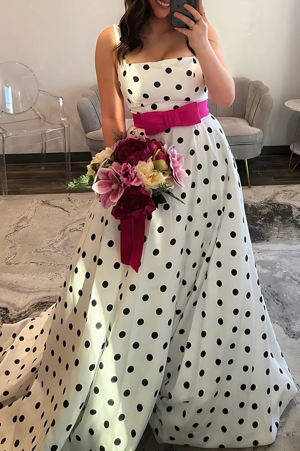 White Square Neck Polk Dots A-Line Long Prom Dress with Bow