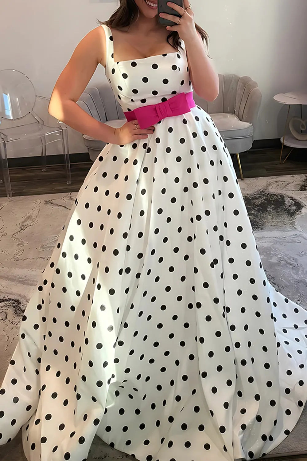 White Square Neck Polk Dots A-Line Long Prom Dress with Bow