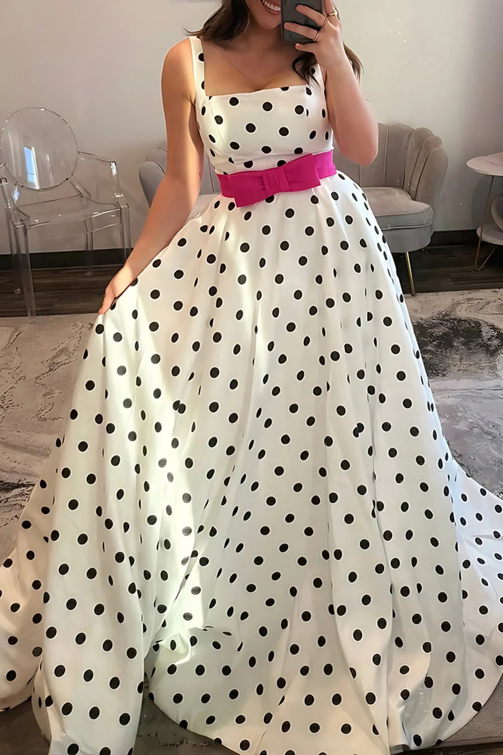 White Square Neck Polk Dots A-Line Long Prom Dress with Bow