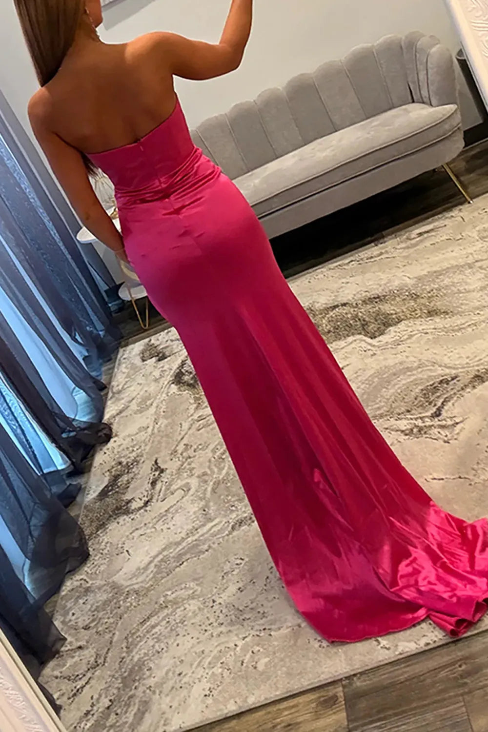 Fuchsia Sweetheart Satin Beaded Mermaid Long Prom Dress with Bow