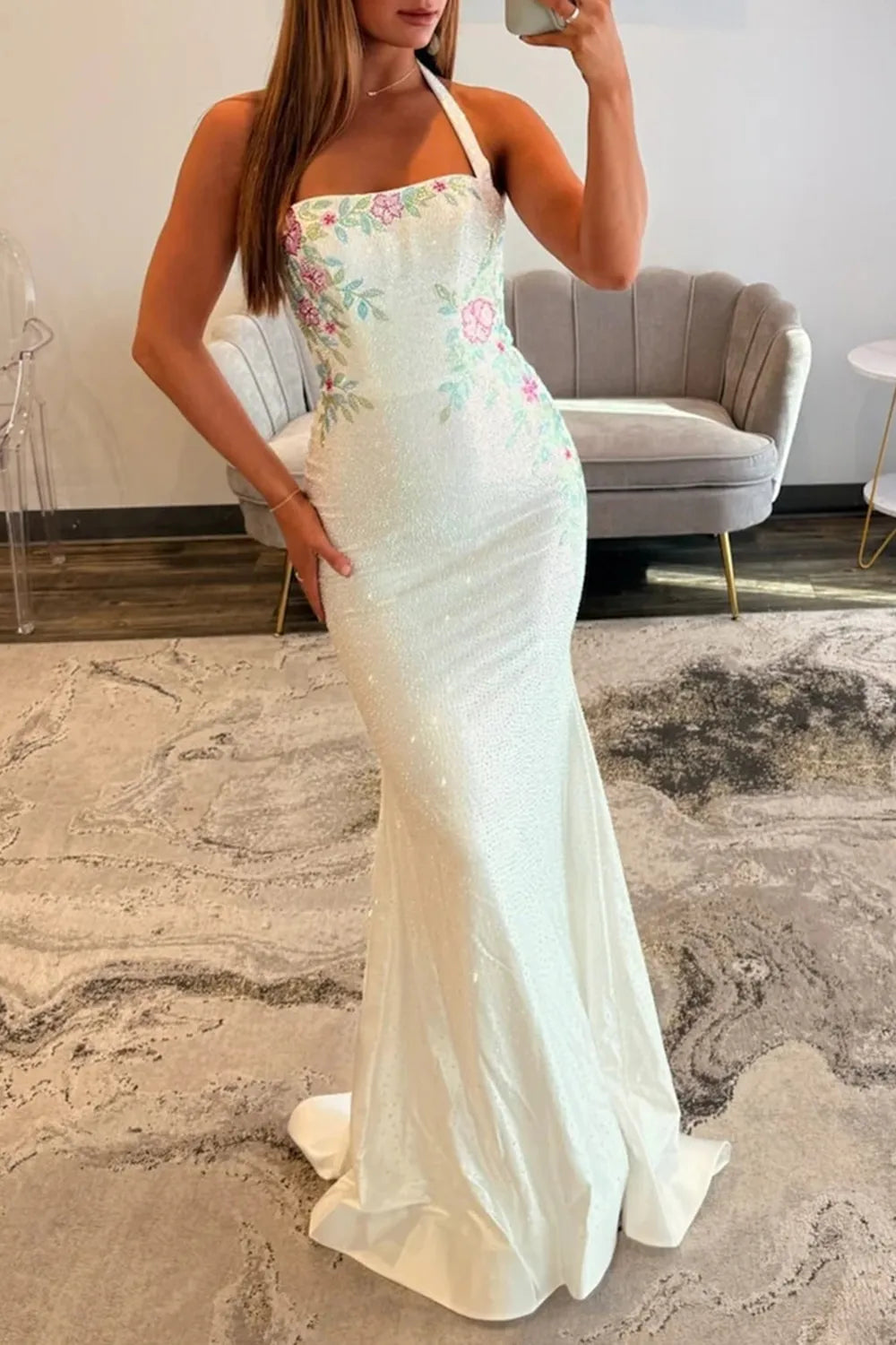 White Halter Mermaid Floral Beaded Long Prom Dress