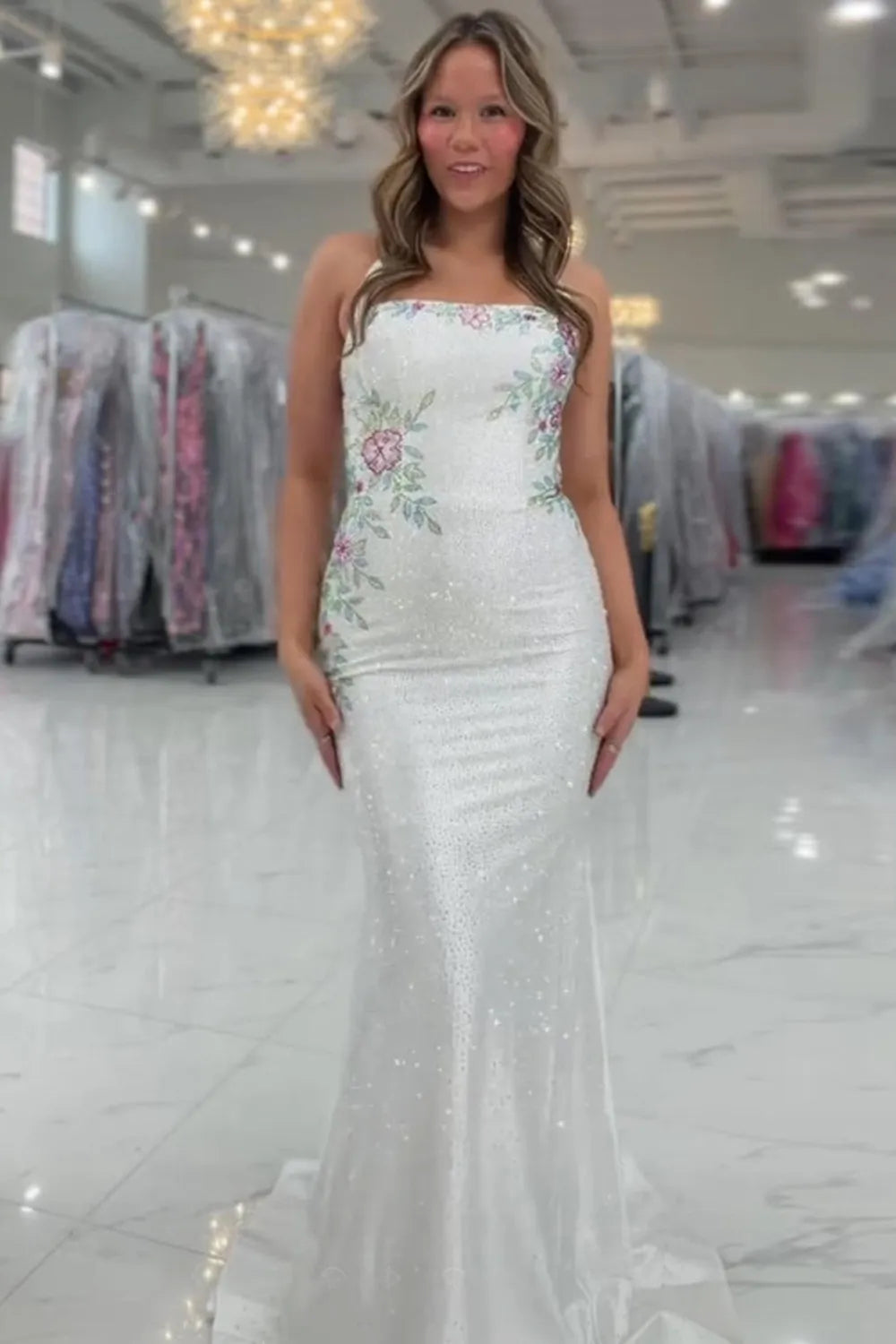 White Halter Mermaid Floral Beaded Long Prom Dress