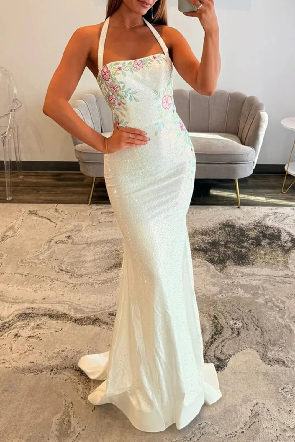 White Halter Mermaid Floral Beaded Long Prom Dress