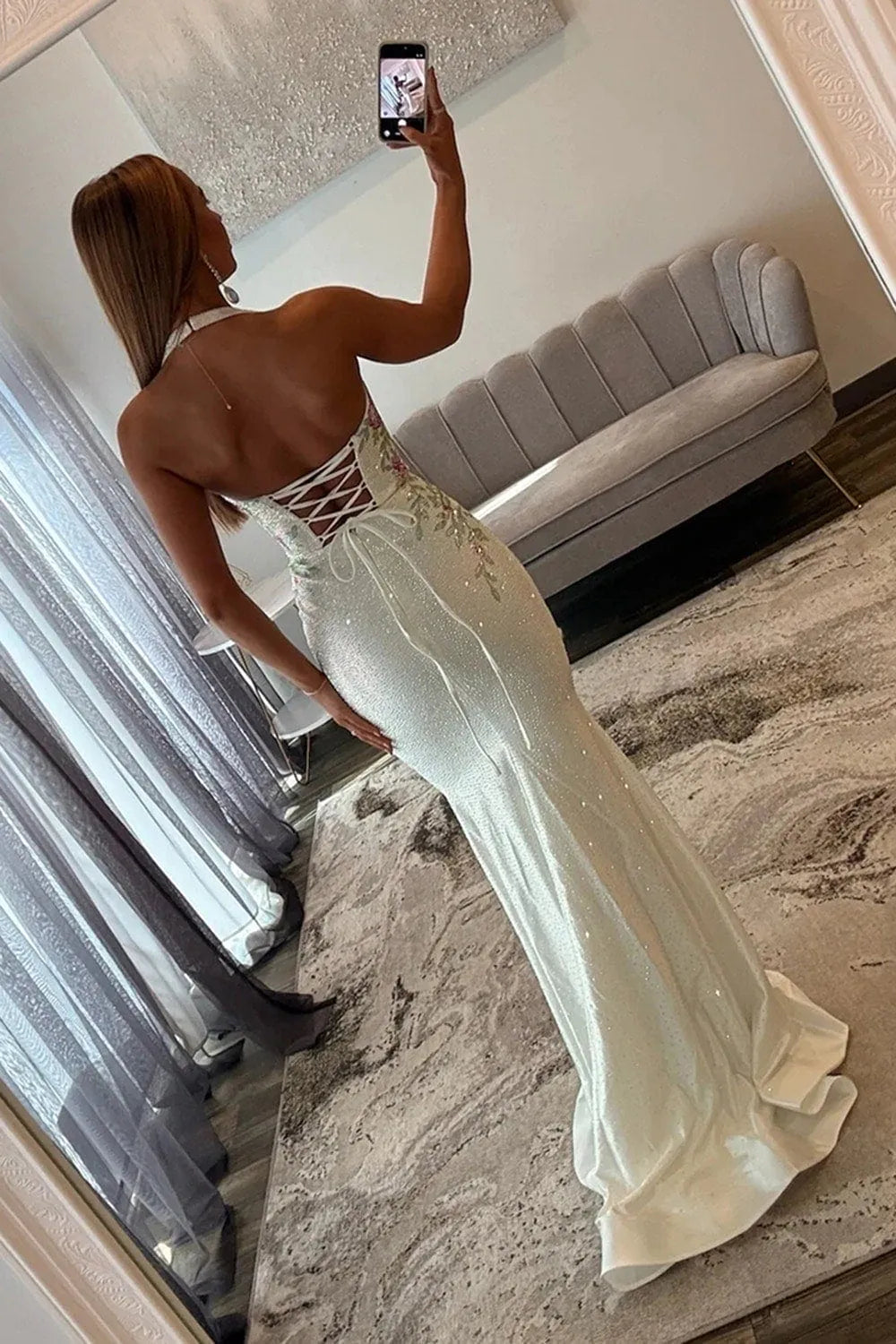 White Halter Mermaid Floral Beaded Long Prom Dress