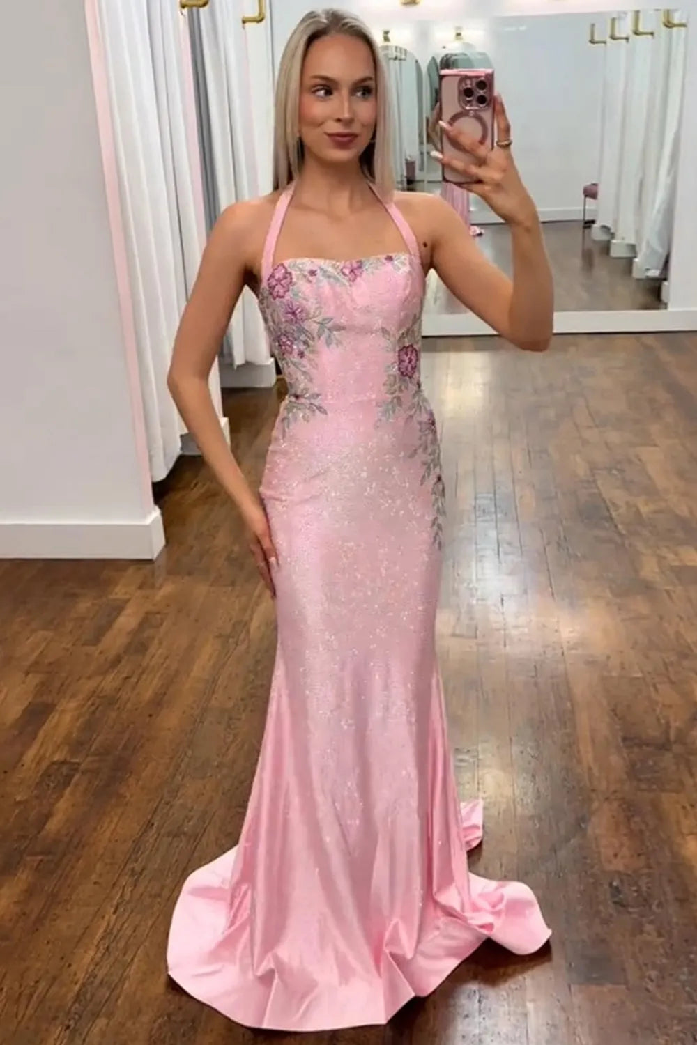 White Halter Mermaid Floral Beaded Long Prom Dress