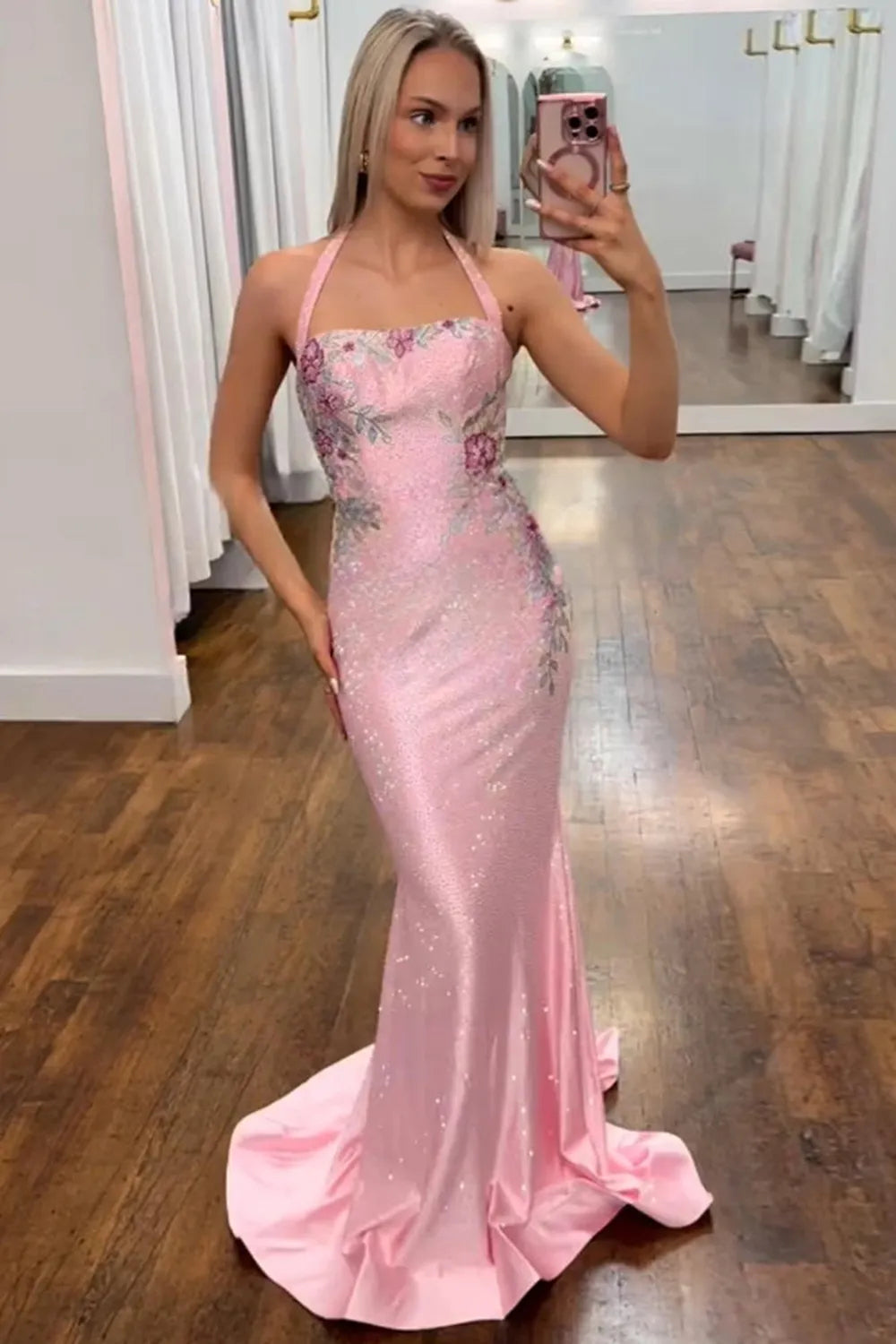 White Halter Mermaid Floral Beaded Long Prom Dress