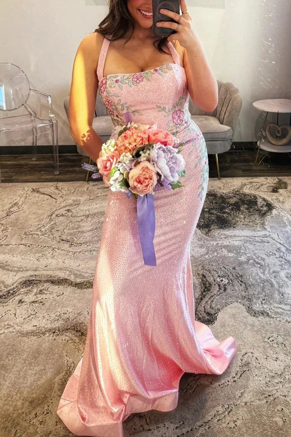 White Halter Mermaid Floral Beaded Long Prom Dress