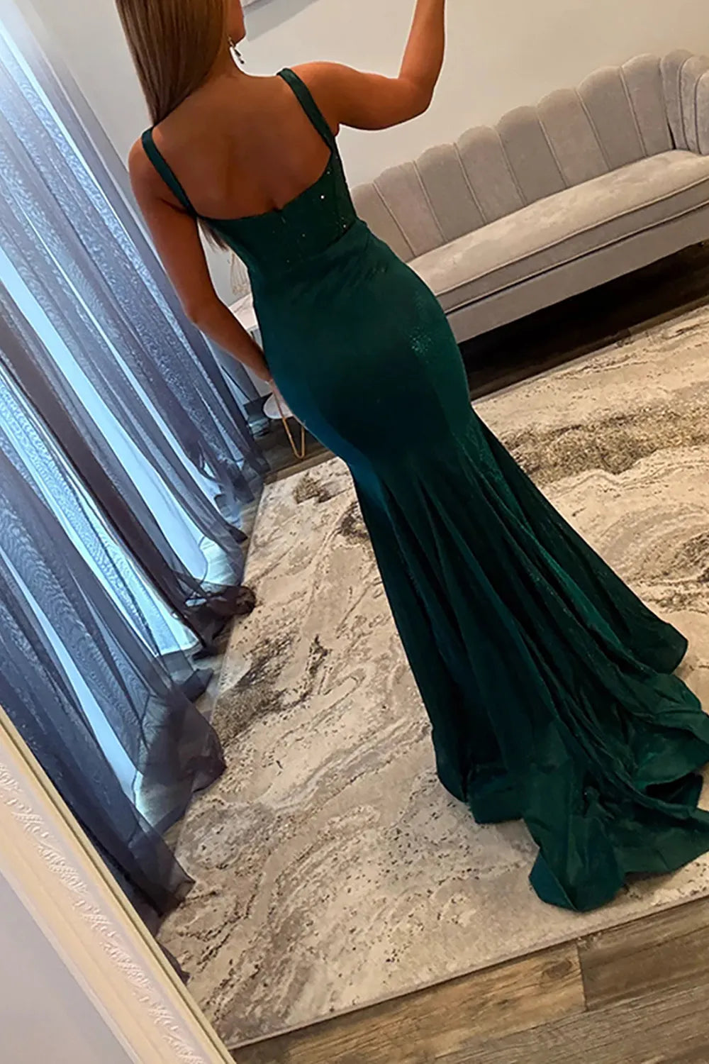Sparkly Dark Green Sweetheart Mermaid Long Prom Dress with Beading